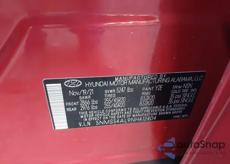 2022 Hyundai Santa Fe Calligraphy из США, поврежденный, VIN 5NMS54AL9NH412404
